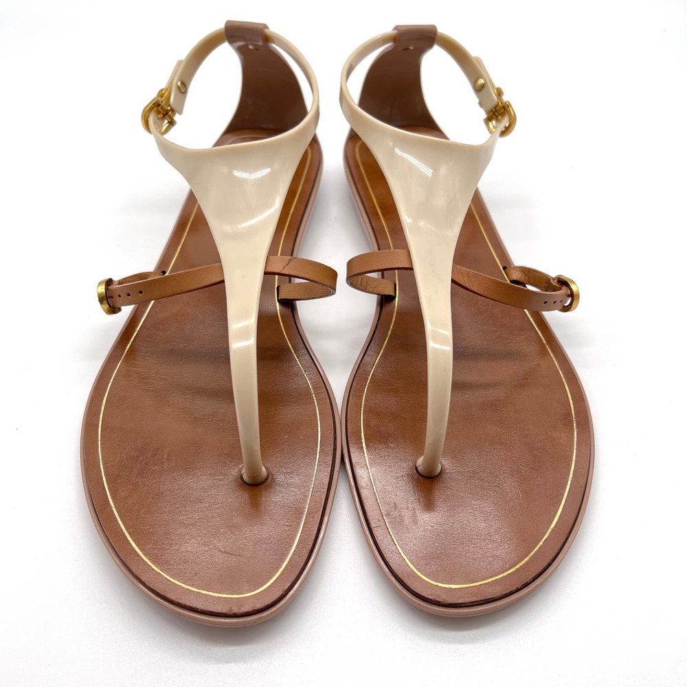 SERGIO ROSSI Shoes Womens 38 Cream Brown T-strap Jelly Sandal Thong Flip Flop - Picture 4 of 12